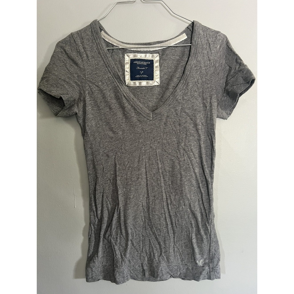Y2k American Eagle Women's Gray V Neck T-Shirt sz S Layering Indie - Picture 1 of 6